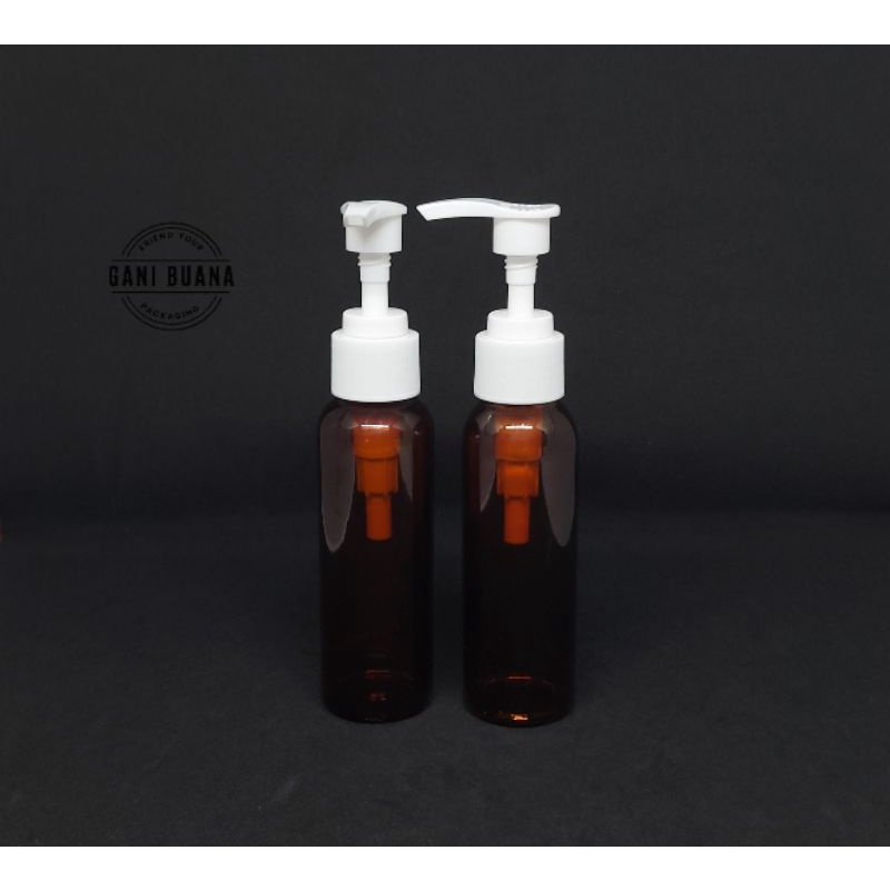 BOTOL PUMP 100ML COKLAT AMBER TUTUP PUMP PUTIH