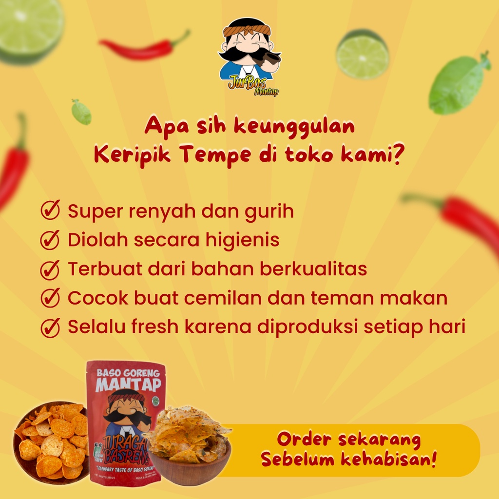 Keripik Tempe Sagu Pedas Daun Jeruk Juragan Basreng 250gr Makanan Ringan