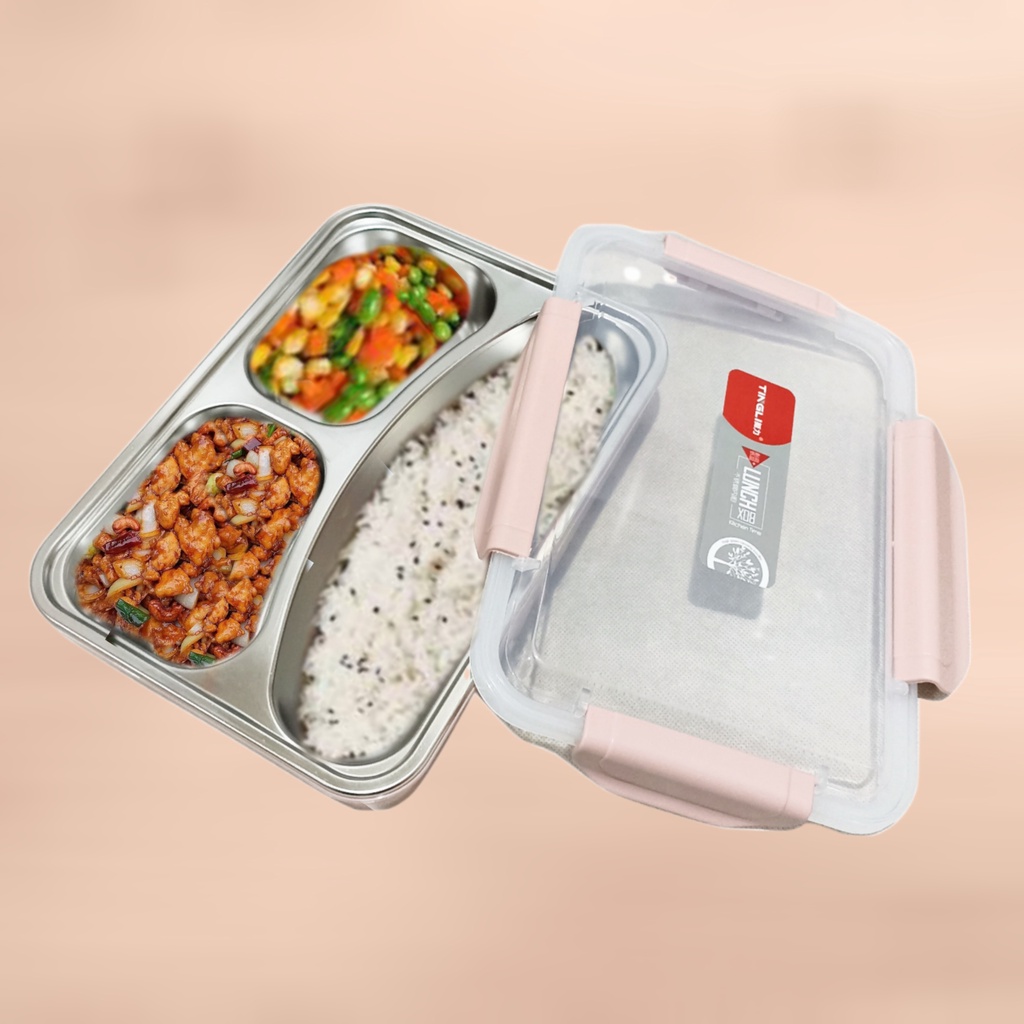 Kotak Makan Bekal Stainless 304 dengan 3 Sekat Dan Anti Bocor 880 ML