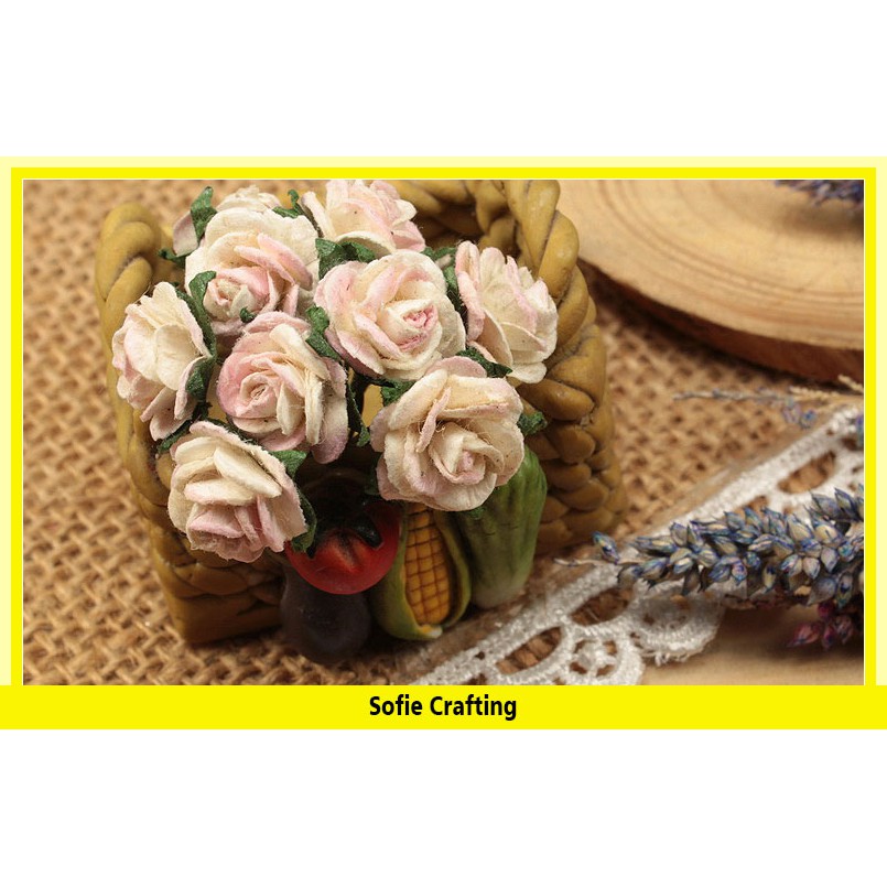 5 Tangkai Bunga Kertas Mawar Putih Gradasi Pink 1,5 cm BK-05 Sofie Cra