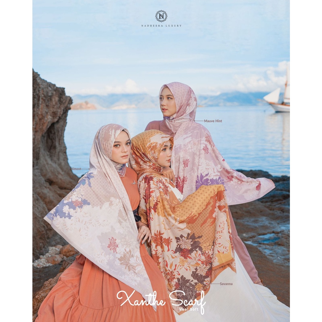Terbaru COD Jilbab Segiempa Motif Nadheera Luxury xanthe Scarf bahan voal Premium