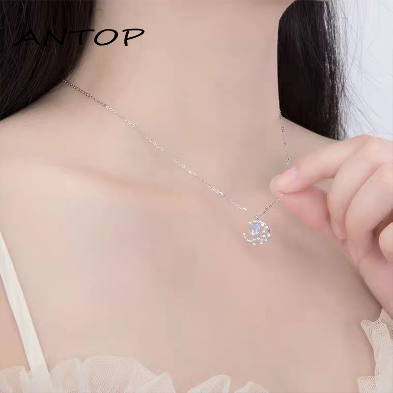 Moon Diamond Moonstone Necklace Desain Sederhana Kalung Mewah Ringan ANTOP