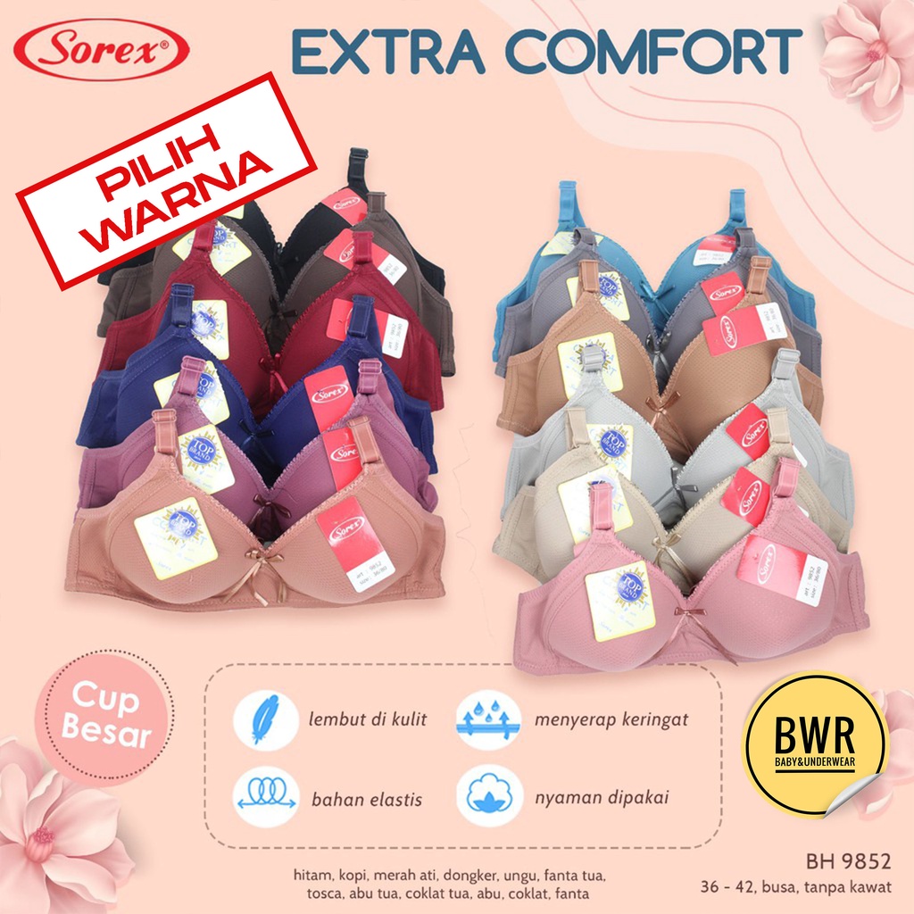 BH Sorex 9852 Cup Besar / Bra Wanita Busa Sedang Tanpa Kawat Extra Comfort PILIH WARNA | Bwr