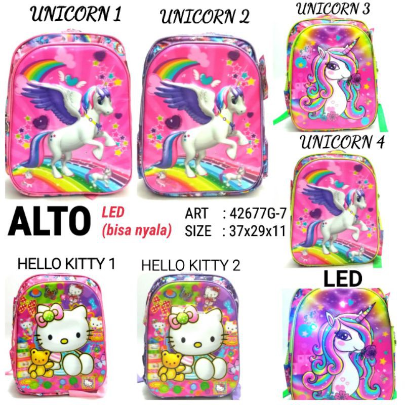 TAS RANSEL SEKOLAH ANAK CEWEK LED ALTO 42677G-7 HELLO KITTY DAN UNICORN