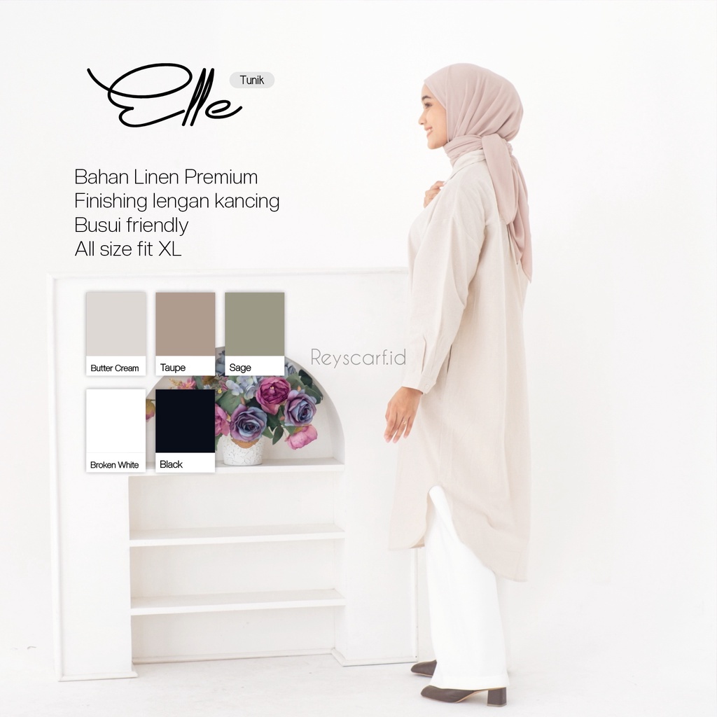 Elle Tunic Linen By Reyscarf.id- Bahan Cotton Linen Premium | Kemeja Panjang Wanita | Elle Long Shirt | Linen Long Outer | Tunic Linen | Bisa COD