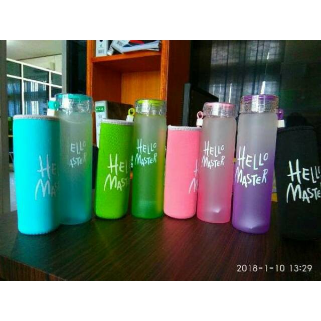 Botol Minum Hello Master + Pouch / Botol Minum Kaca Hello Master Free Pouch/Botol Kaca Hello Master