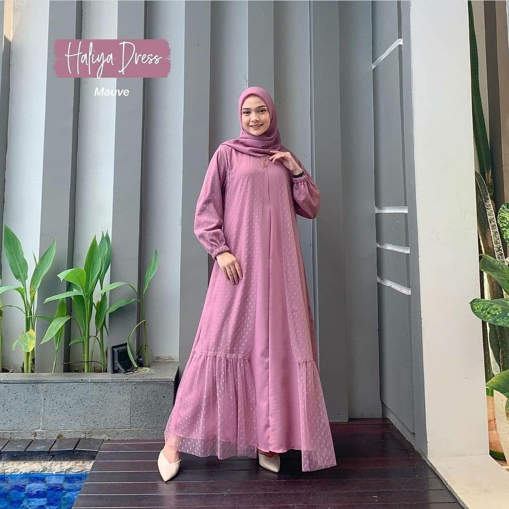 Haliya Dress Bahan Moscrepe mix Tile Dot Size M L XL XXL 4XL / Dress Pesta Kondangan / Gamis Kondangan / Dress baju Bridersmit / Baju Muslim Wanita Lengan Panjang / Dress Wanita Jumbo