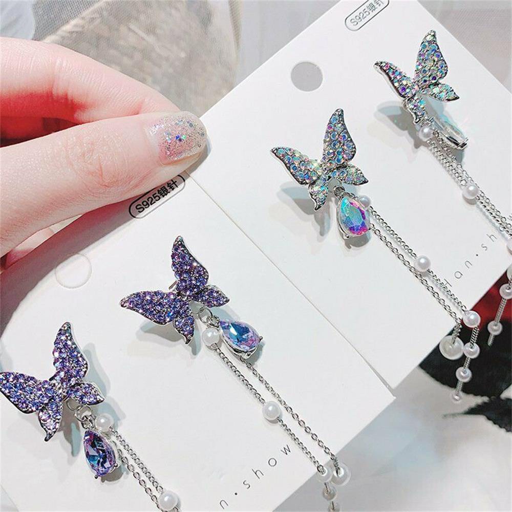 Anting Rantai Panjang Menjuntai Desain Nanas Butterfly Aksen Mutiara Shiny Warna Ungu Silver Untuk Wanita