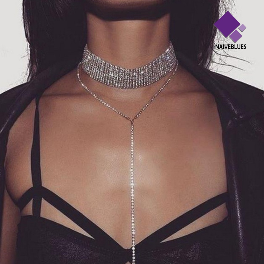 Kalung Rantai Multilayer Model Rumbai Aksen Berlian Imitasi Untuk Wanita