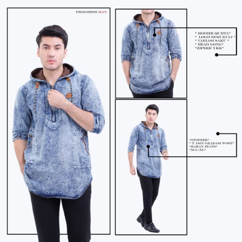 Baju Koko qurta jeans denim Hoodie pria dewasa TERBARU / Koko jeans Hoodie produk premium