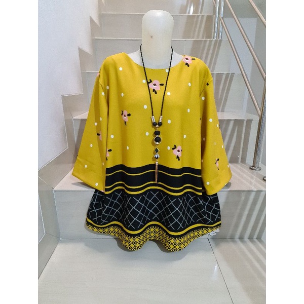 Blouse Scuba Premium Import Jumbo 2XL-3XL-Bunga Kecil - Kuning