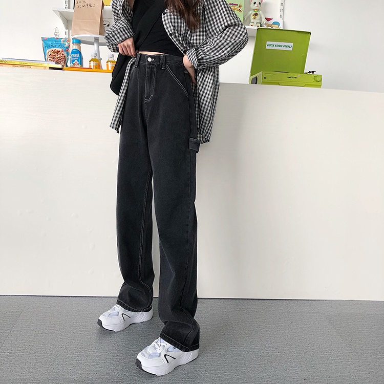 Celana Panjang Model Longgar Lebar Gaya Korea Retro Bahan Jeans untuk Wanita