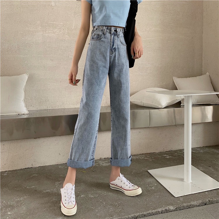 Celana panjang wanita baru slim-fit high-waist straight-leg wide-leg jeans