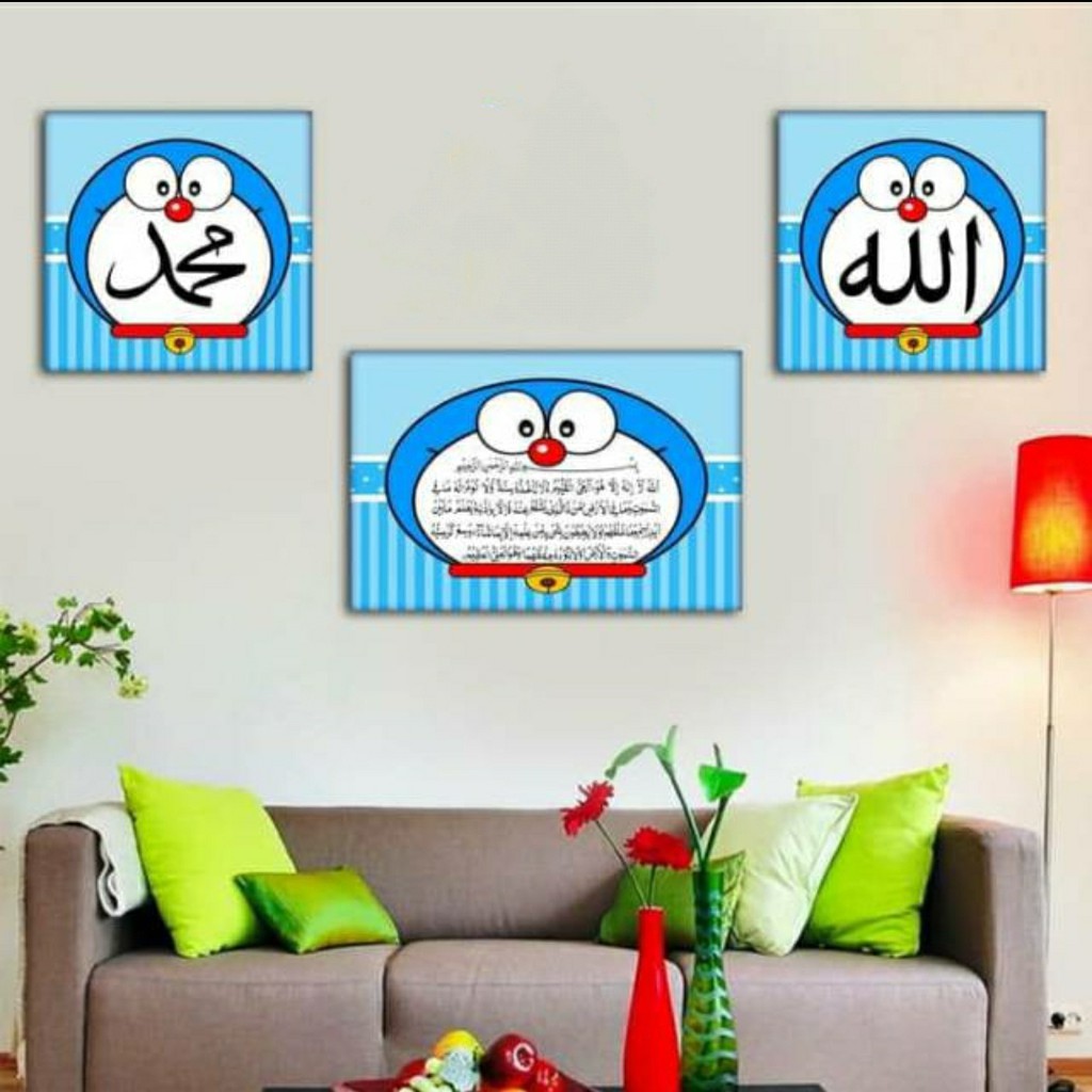 Hiasan Dinding Doraemon Kaligrafi Lukisan Tangan decor shabby Lafadz Allah Muhammad dan Ayat Kursi