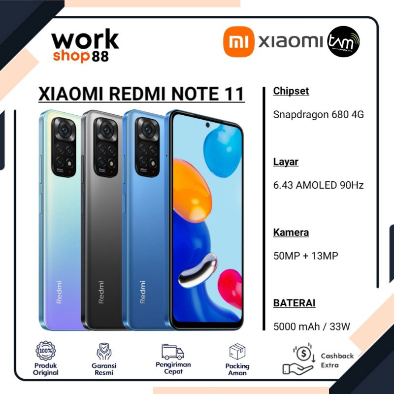 HP Terbaru Xiaomi Redmi Note 11 6/128 Ram 6GB Rom internal 128GB - New Original Garansi Resmi TAM - Snapdragon 680 Display AMOLED - Warna Grey Black Blue White Hitam Biru Langit Tua Putih - 4/128 6 4 128 GB 4GB - Promo Murah