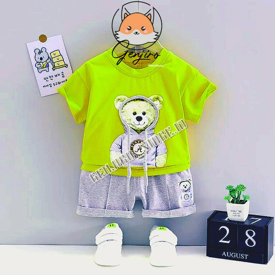 SETELAN ANAK LAKI LAKI/SETELAN ANAK COWOK LENGAN PENDEK CELANA PENDEK/GANBAR PRINT BEAR/AKSEN TALI HOODIE/UNTUK USAI 6 BULAN - 4TAHUN/BISA COD