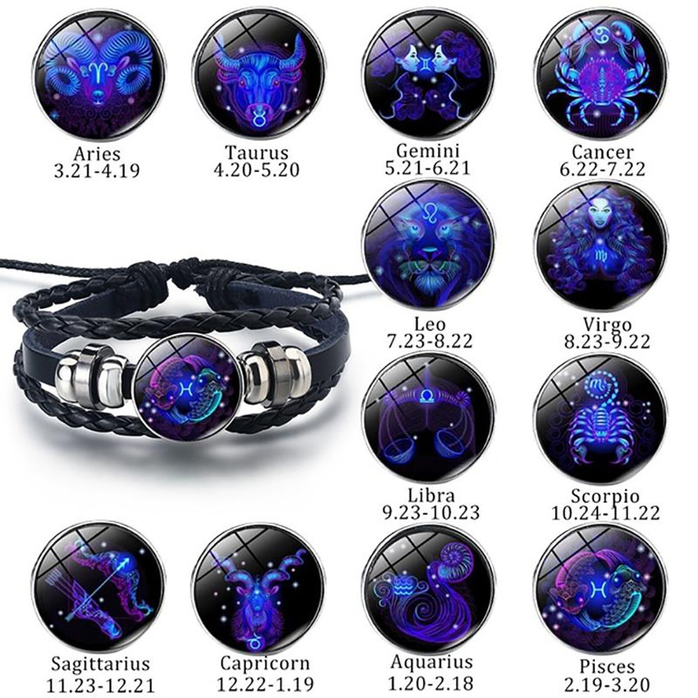 Gelang Tangan Kulit Kepang adjustable Motif 12 Rasi Bintang luminous Untuk Pria / Wanita