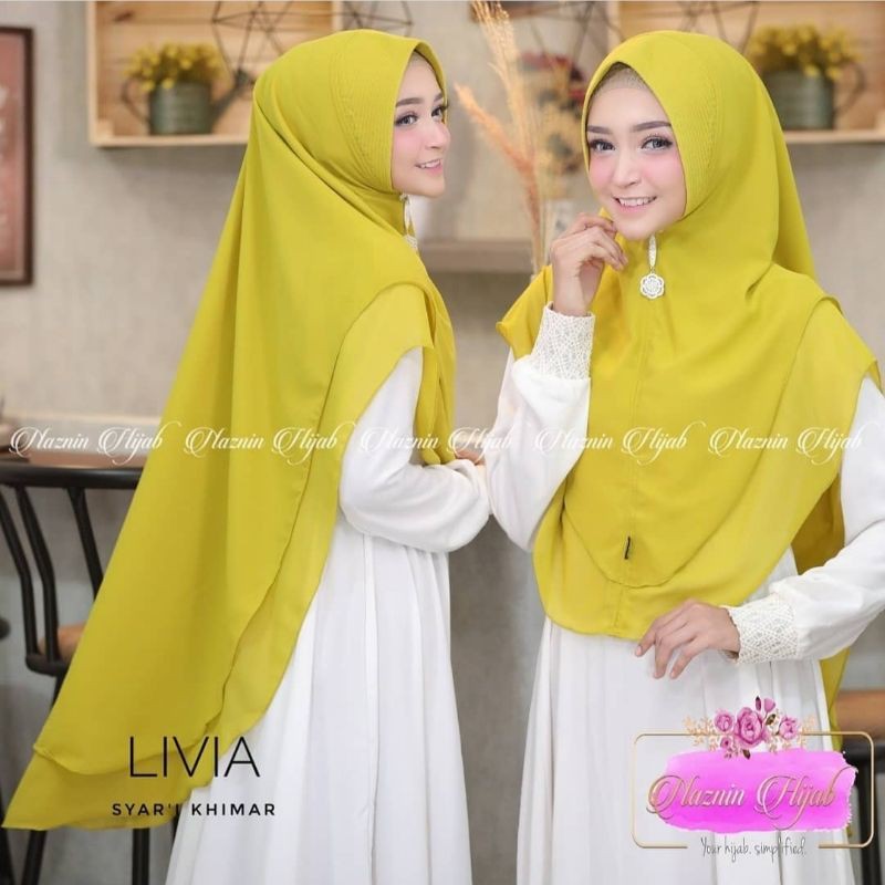 Hijab Terbaru Murah Jilbab Khimar Dua Layer Livia Khimar Ceruttti 2 Layer Hijab Instan Pet Antem