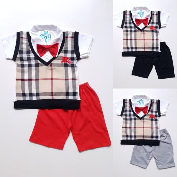 Baju Setelan Anak Laki Cowok Sweater Vest Kotak Coklat Dasi Merah