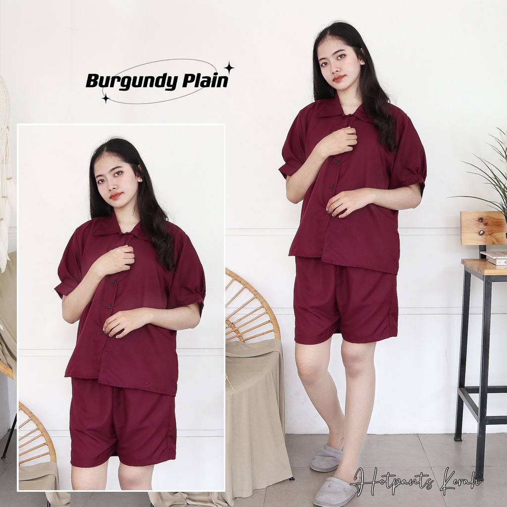 IZANY Piyama Dewasa Hotpant Lengan Balon / HP / Set Celana Pendek Dewasa banyak varian RAYON-BURGUNDY PLAIN SA