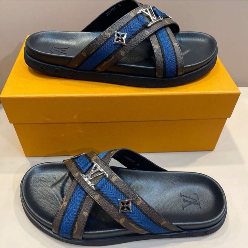 lv monogram coklat sandal pria slide sendal flat cowok mirror quality