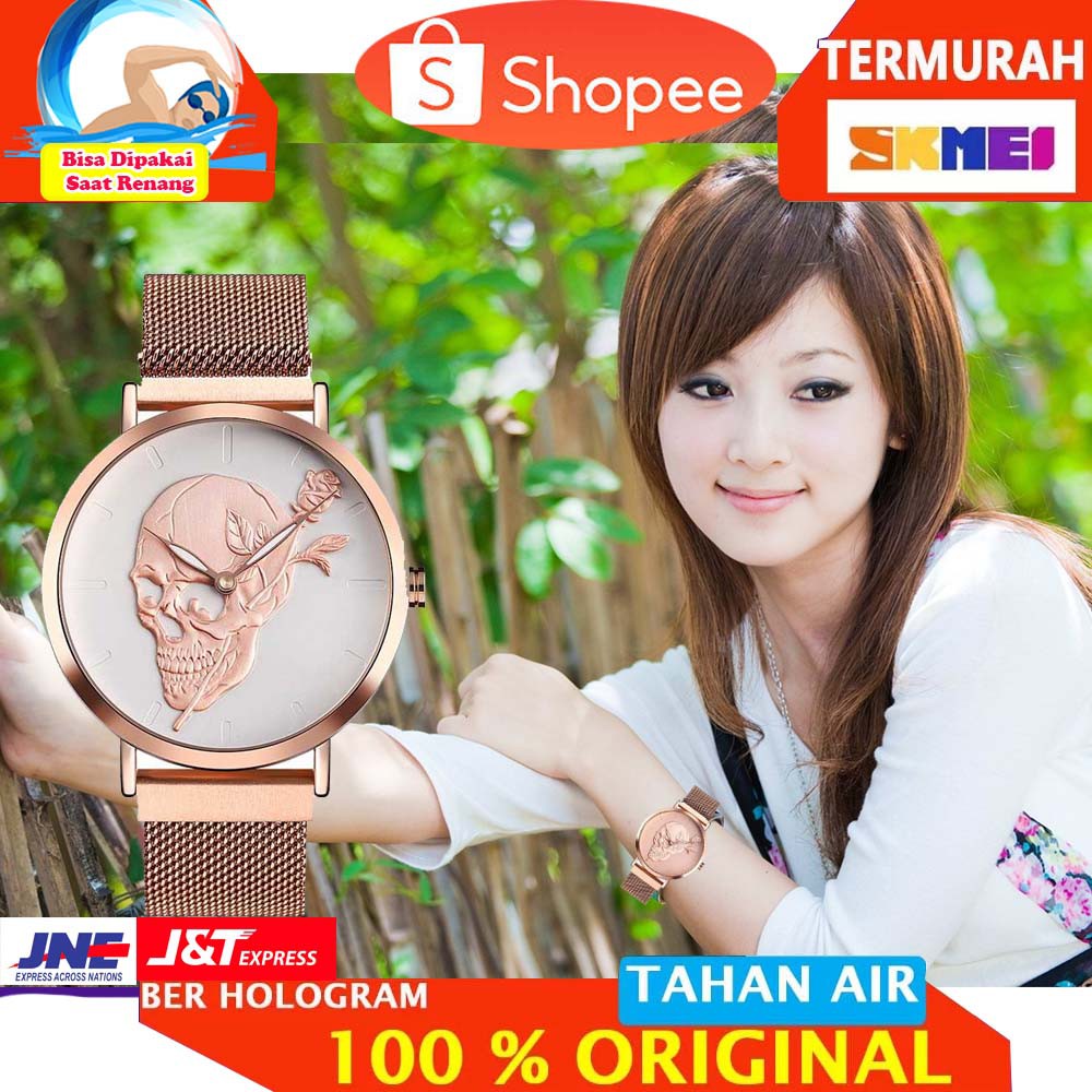 SKMEI Jam Tangan Analog Pria Wanita Motif Tengkorak Magnet Band - 9173 [White Rose Gold]