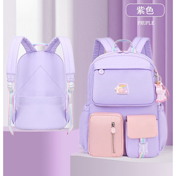 TAS SEKOLAH RANSEL ANAK SD/SMP/SMA CEWEK WARNA SOFT PASTEL CANTIK LUCU WATERPROOF (TAHAN AIR) 202 ukuran 18 big HADIAH GANTUNGAN-PURPLE