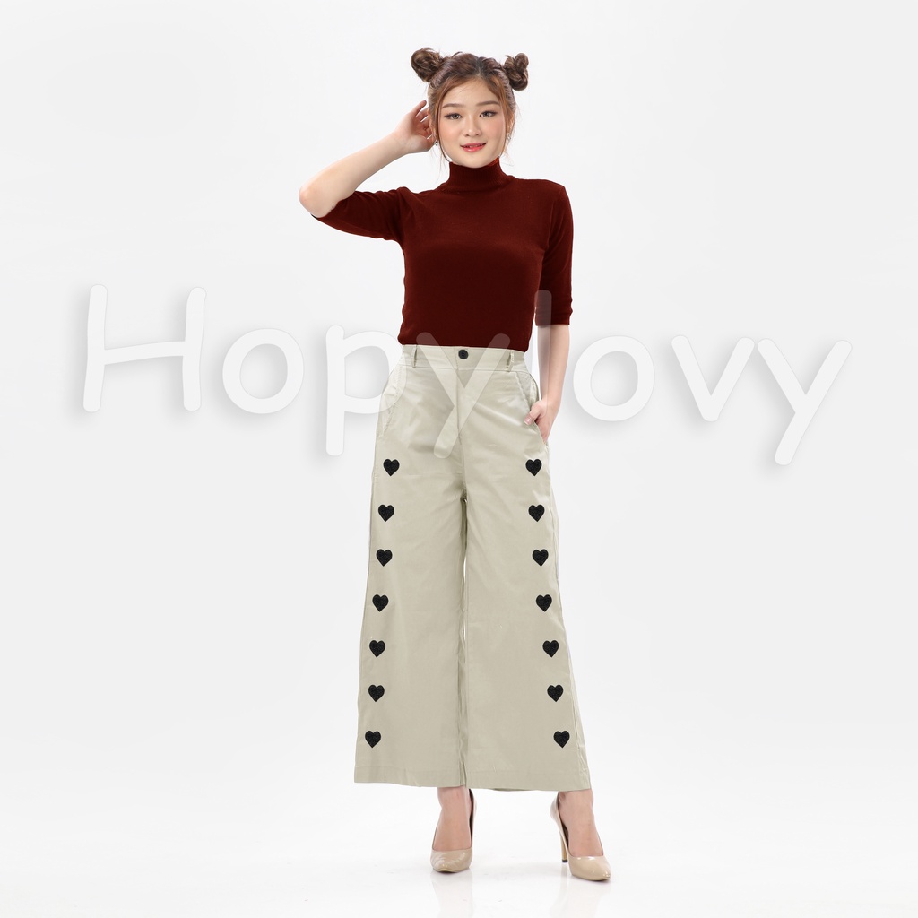 HOPYLOVY - Celana Kulot Wanita Bahan Katun American Drill Bordir Love Ginata