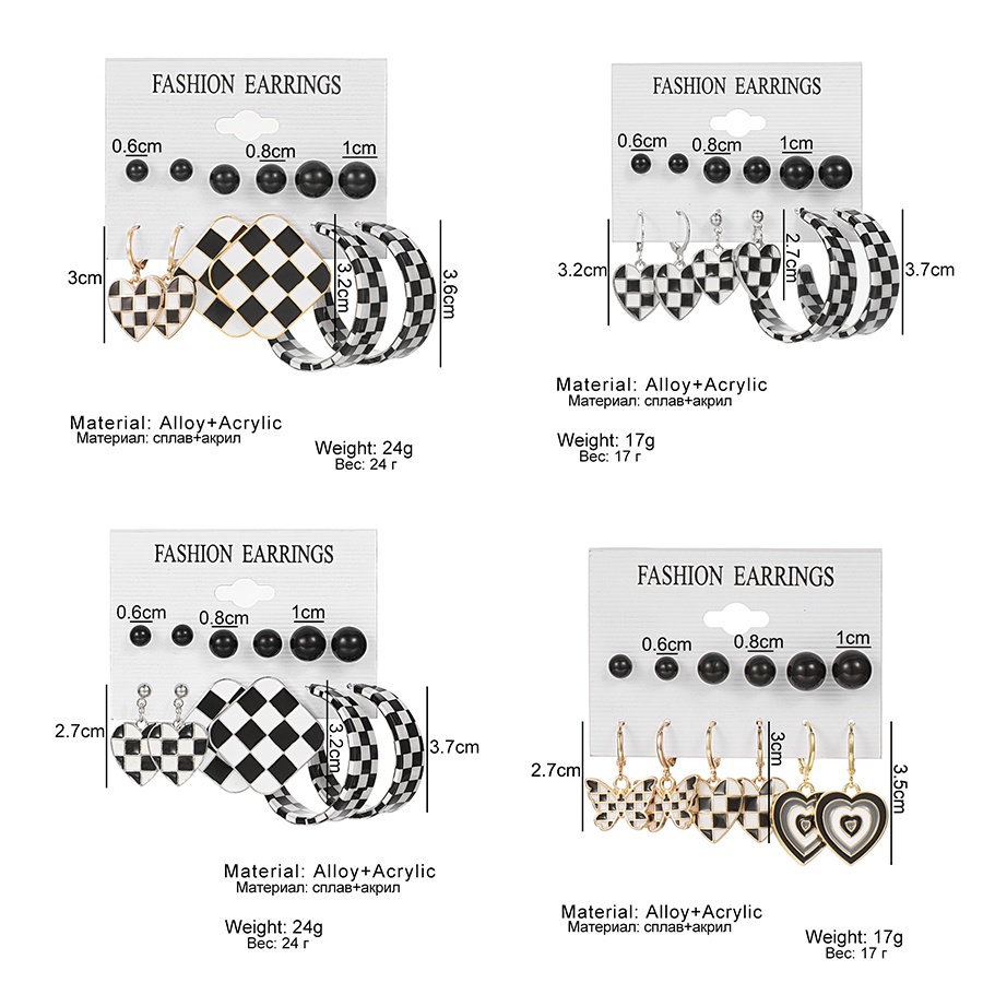Set Anting Bahan Logam Akrilik Bentuk Geometris Hati Motif Kotak-Kotak Warna Hitam Putih Gaya Vintage