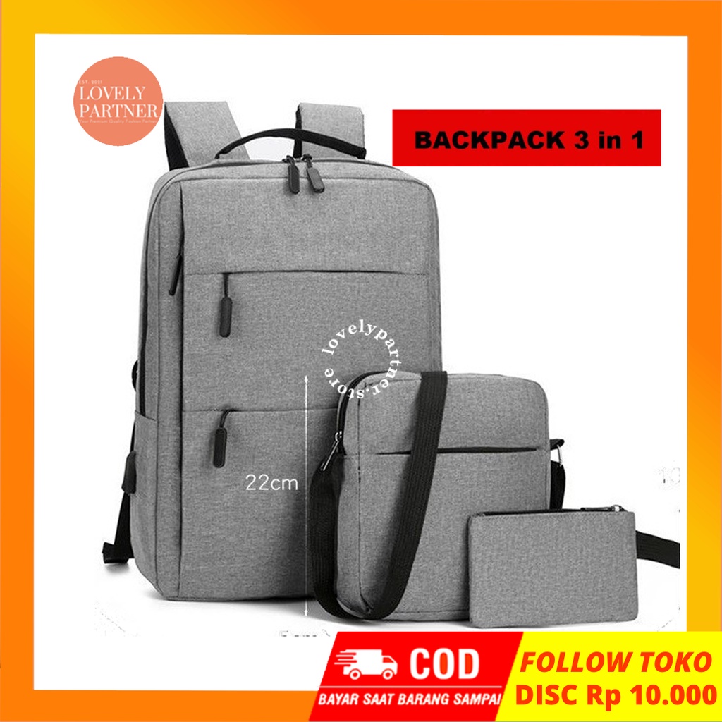 LP B10 Tas Ransel Pria &amp; Wanita Backpack Laptop Model Korea Import Ori USB 3 in 1 13 14 Inchi Leptop Asus Acer Lenovo HP Power Bank Charger Tali Selempang Kantong Pouch Botol Air Minum Besar Warna Hitam Abu Casual Premium Laki Cowok Cewek Perempuan Kasual