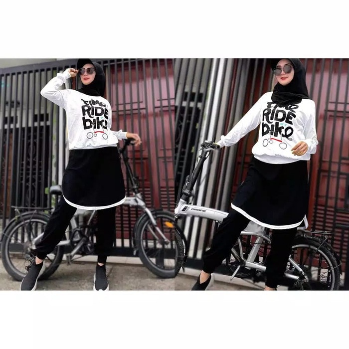 SETELAN OLAHRAGA WANITA MUSLIMAH BAJU SETELAN WANITA BIKE/SEPEDA - Putih