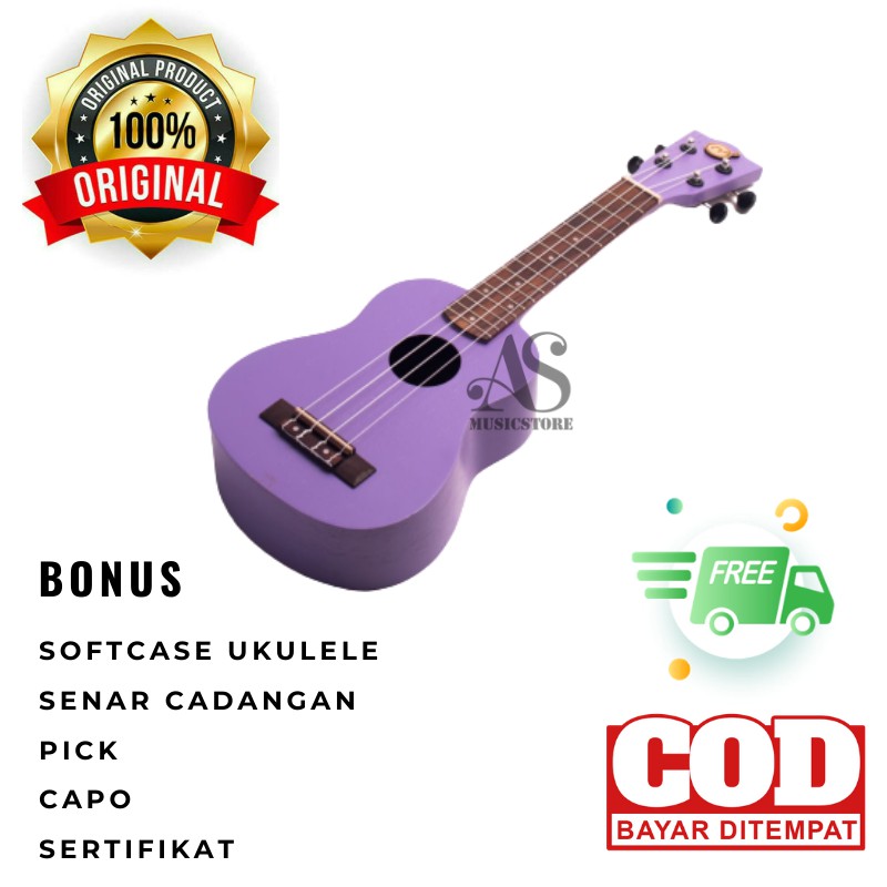 Ukulele Soprano Mandalika Original 21inch Warna Ungu Bonus Tas + Capo