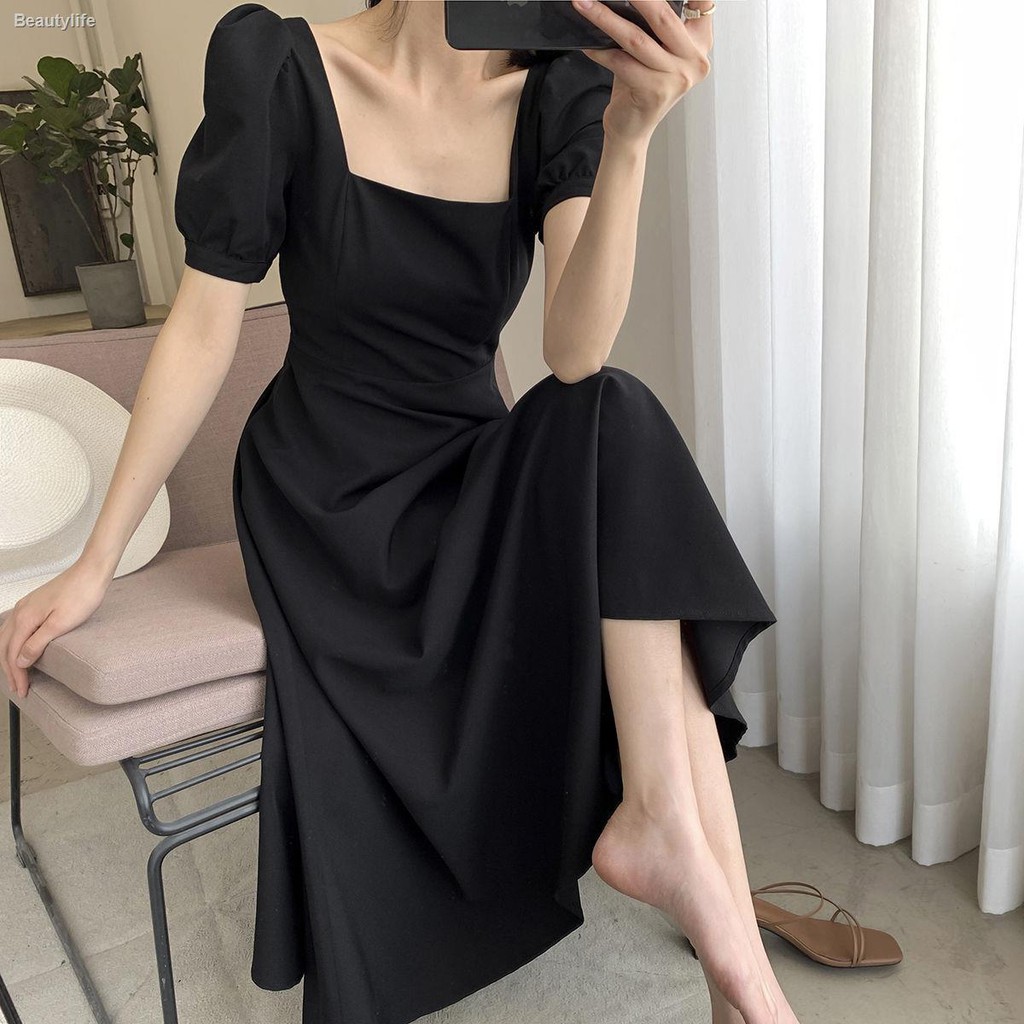  Dress  Midi V Neck Lengan Pendek  Gaya Hepburn Warna Hitam 