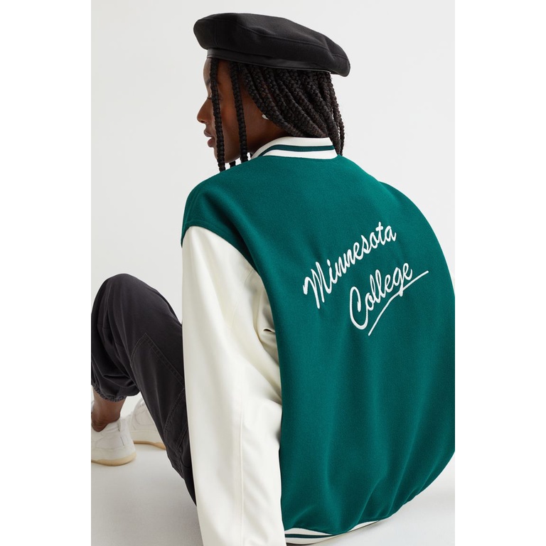 Jaket Baseball Varsity HM jacket Hijau Lengan Kulit Jacket Baseball pria wanita