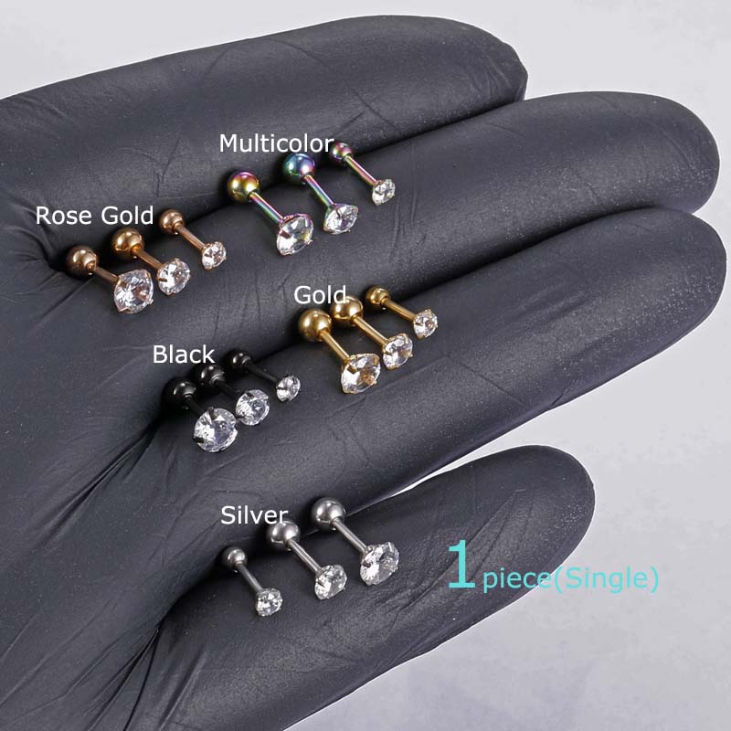 1piece 4-claw stainless steel 16G Barbell Zircon Ear Cartilage Tragus Helix Stud Earrings 6mm