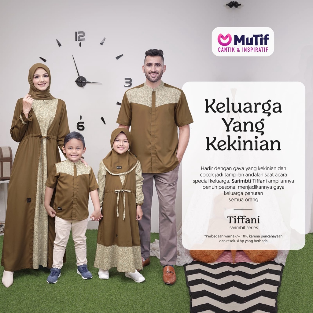 Baju Muslim Sarimbit Couple Keluarga Gamis Mutif Tiffani Cashew Brown Beige Warna Coklat Muda Original Kekinian