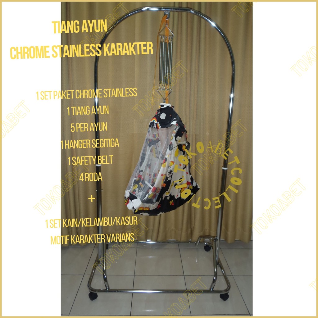 Tiang ayunan bayi perlengkapan tidur bayi ada roda per tiang chrome stainless &amp; ayunan karakter SET