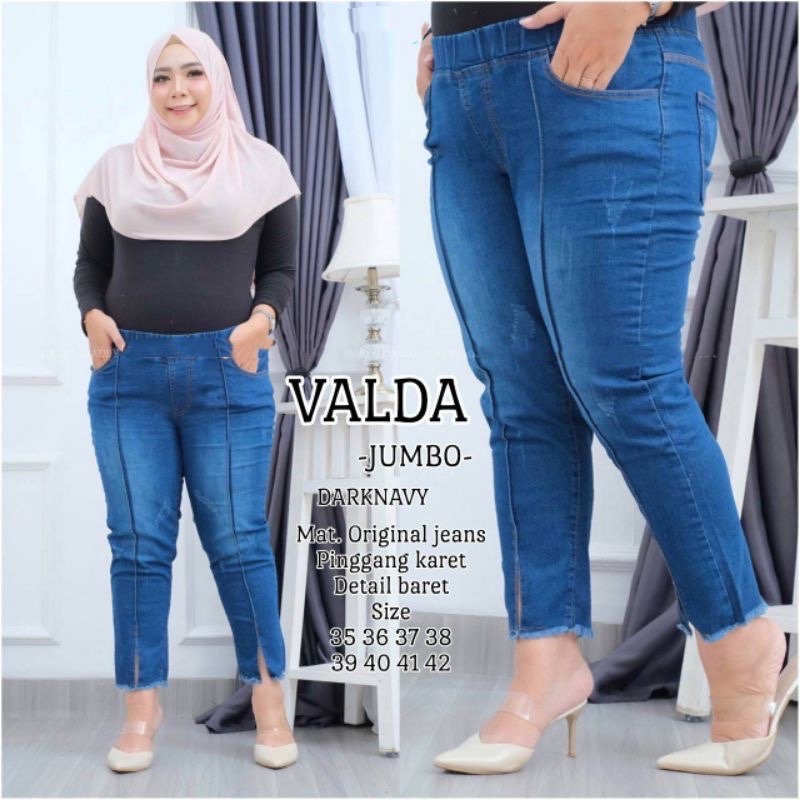 QUEEN CELANA JEANS BELAH RAWIS JUMBO 7/9 VALDA JEGGING JEANS FRONT LINE BIG SIZE (31-42)