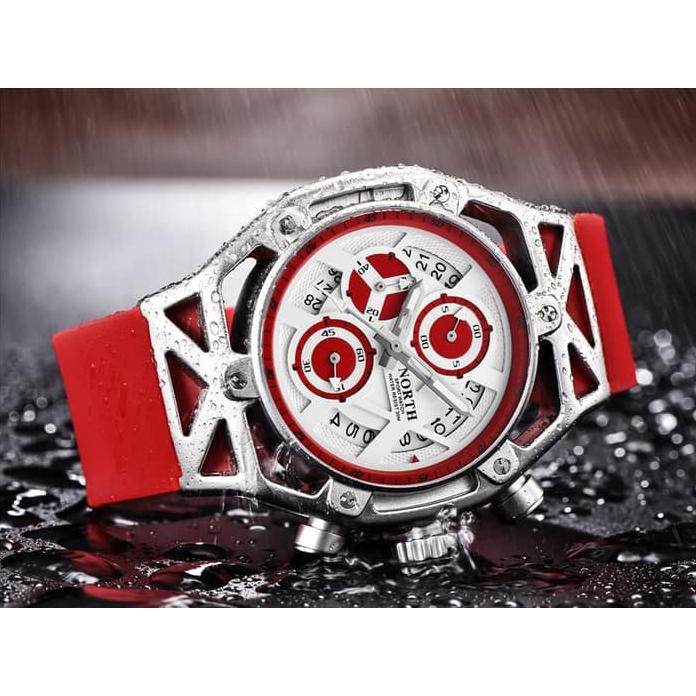Jam Tangan Pria Original NORTH 7710 Chronograph Anti Air Red Silver JS0213