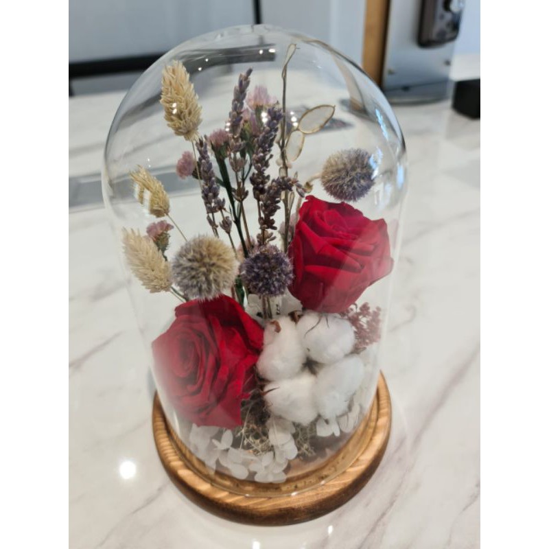 glass dome dried flowers & preserved rose