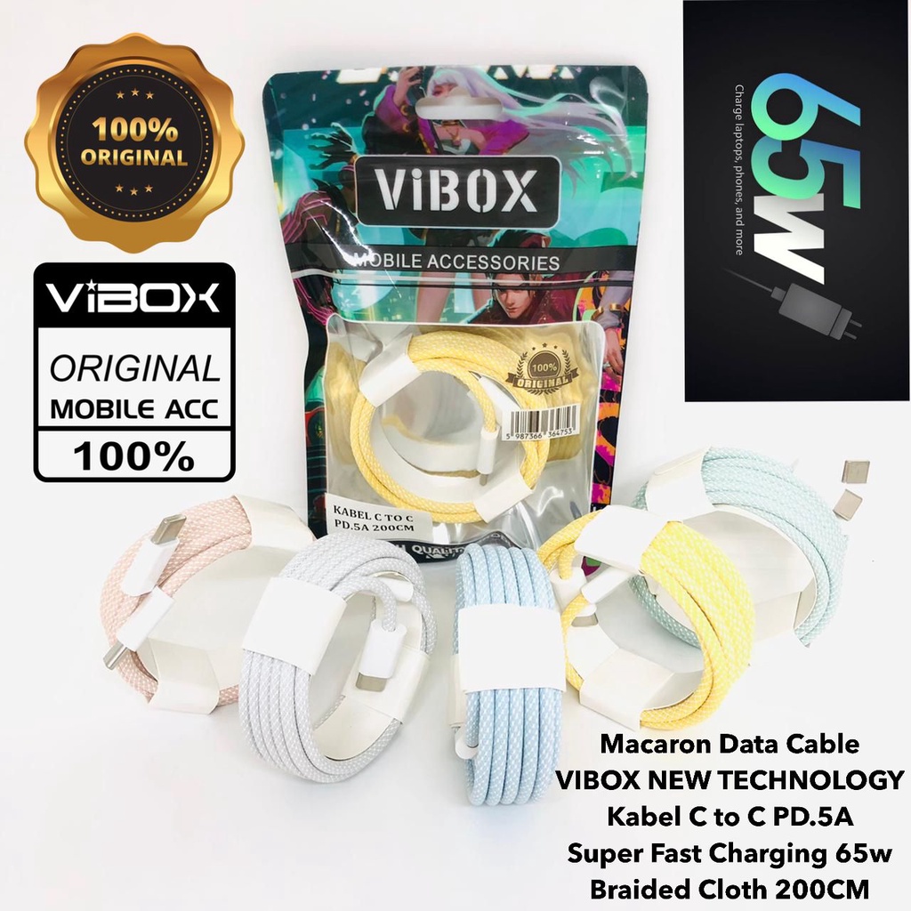 PROMO 200CM Macaron Data Cable VIBOX NEW TECHNOLOGY Kabel C to C PD.5A Super Fast Charging 65w  Braided Cloth 200CM sultan