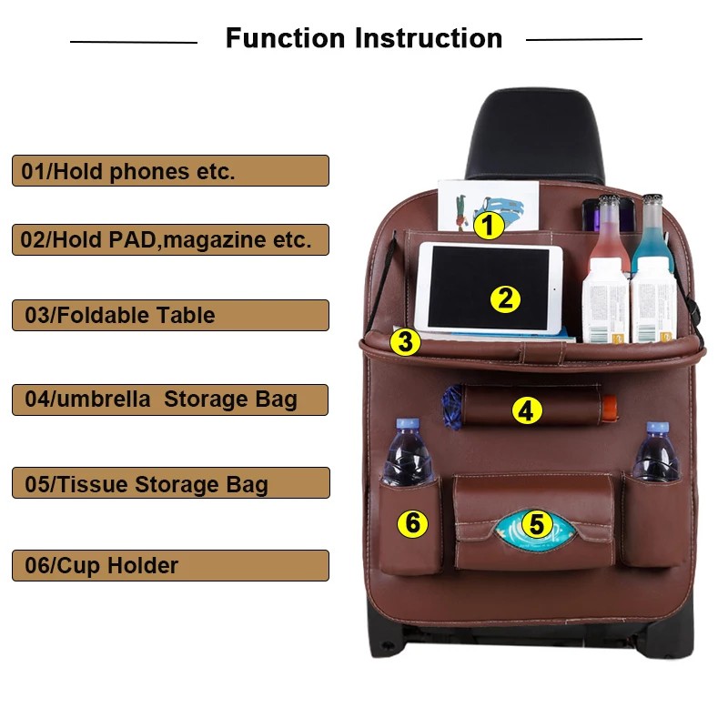 Car Seat Organizer Foldable - Rak Gantung Mobil Kulit Dengan Meja Lipat