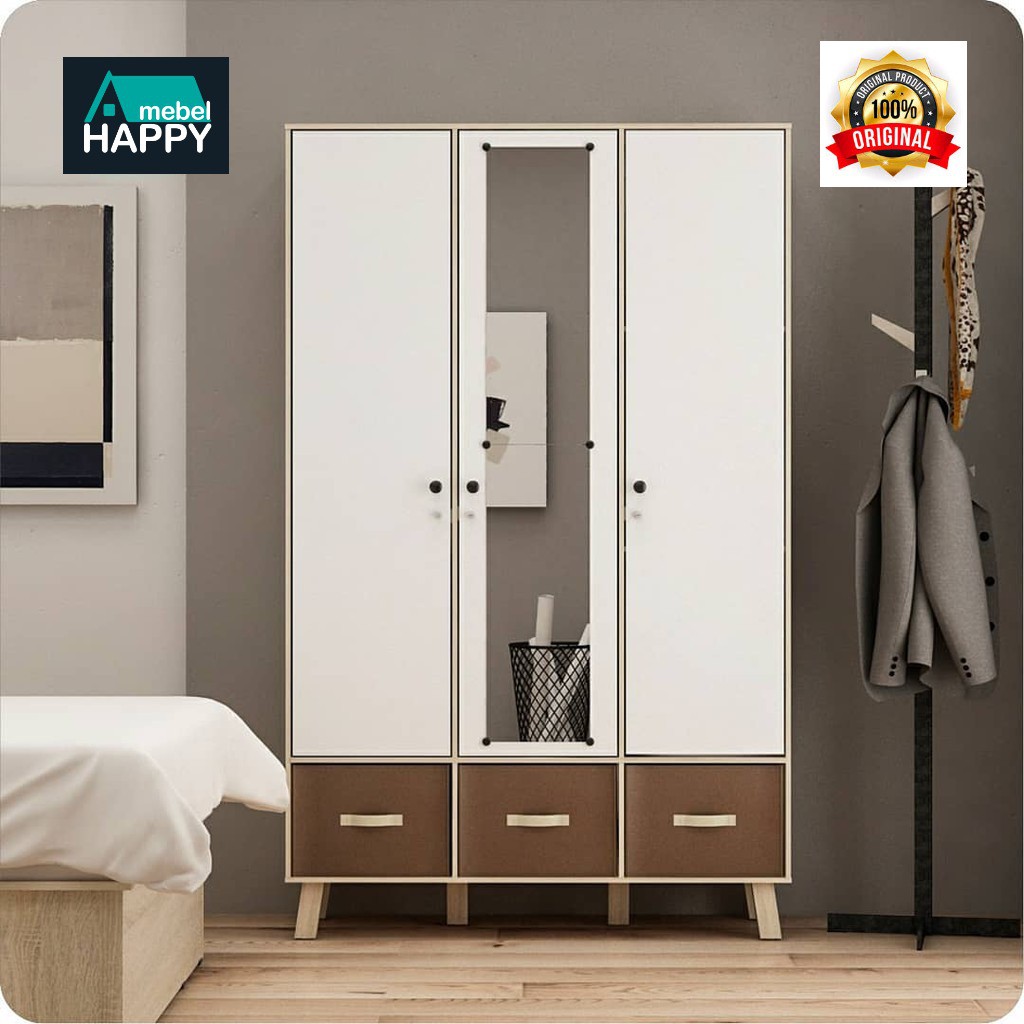 𝗛𝗔𝗣𝗣𝗬 𝗜𝗗𝗘𝗔 - Lemari Pakaian Skandinavian Minimalis 3 Pintu + Cermin Panjang Lemari Baju Elegan Murah