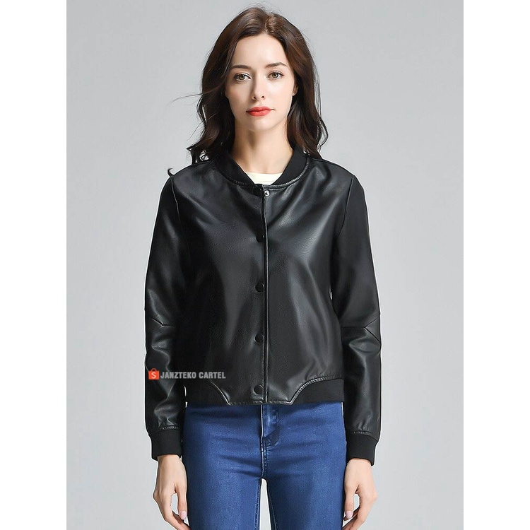 JNK x YUI - Jaket Wanita Bomber Casual Kancing Biker Motor Bahan Semi Kulit Sintetis Viena Grade A Plus Faux Synthetic Leather Jacket Original Premium Branded Cewek Perempuan Outfit Hijab Longsleeve Tangan Panjang RIB Karet Streetwear Baseball Elegant ORI