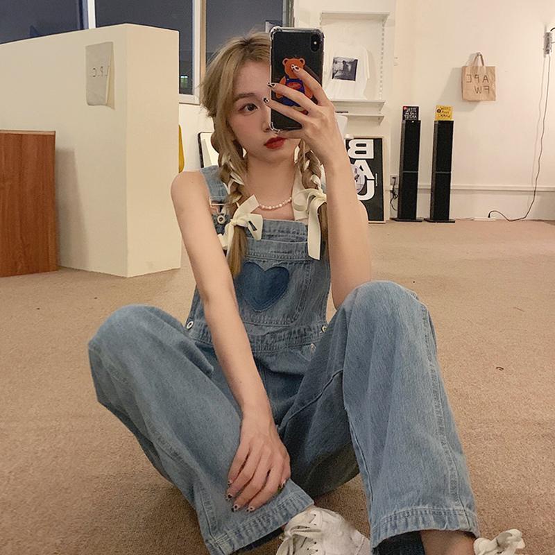 Overall denim merah bersih wanita versi Korea longgar musim panas 2022 tren celana jumpsuit kecil ra