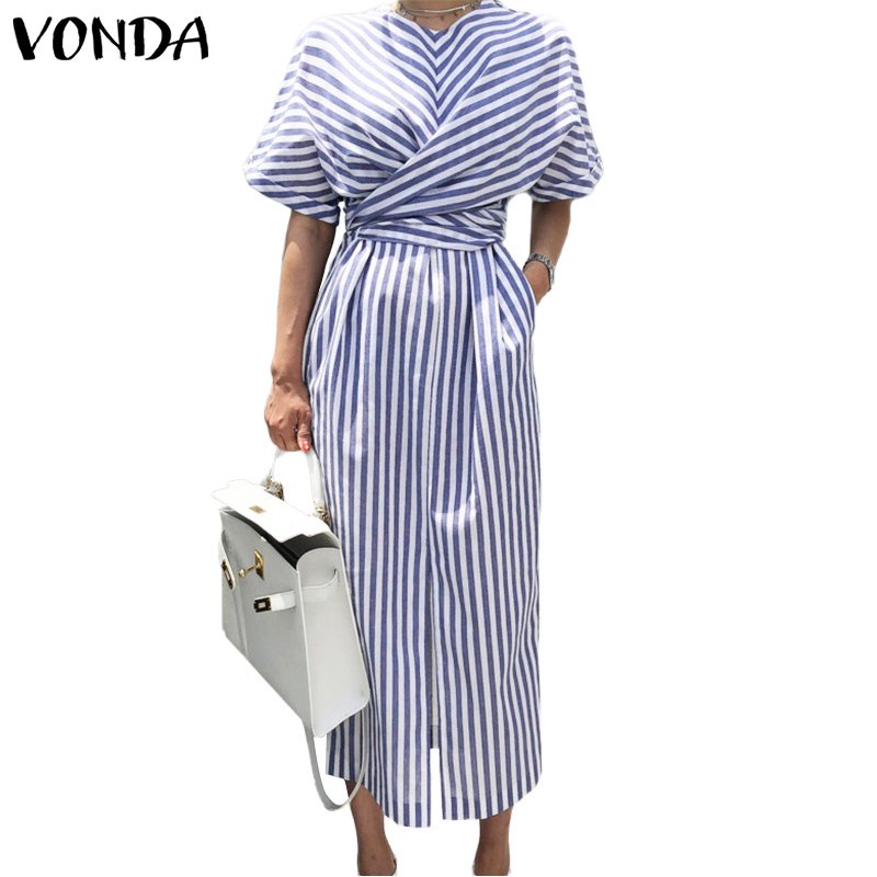Vonda Womens Striped Split Elegant Short Sleeve Dress