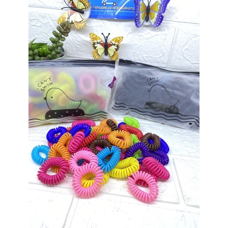 IKAT RAMBUT SPIRAL  (isi30pcs) KUNCIR KABEL TELEPON 4CM BERMOTIF KEMASAN ZIPPER GROSIR-1