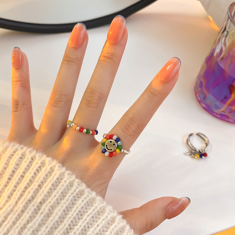 Cincin Model Terbuka Adjustable Motif Smiley Warna Pelangi Gaya Korea Untuk Wanita