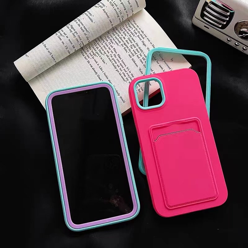 3in1 Warna Silicone Card Holder case Handphone IPhone 11 12 13 14 Pro max X XS Xr 7 8 Plus Sarung case shockproof