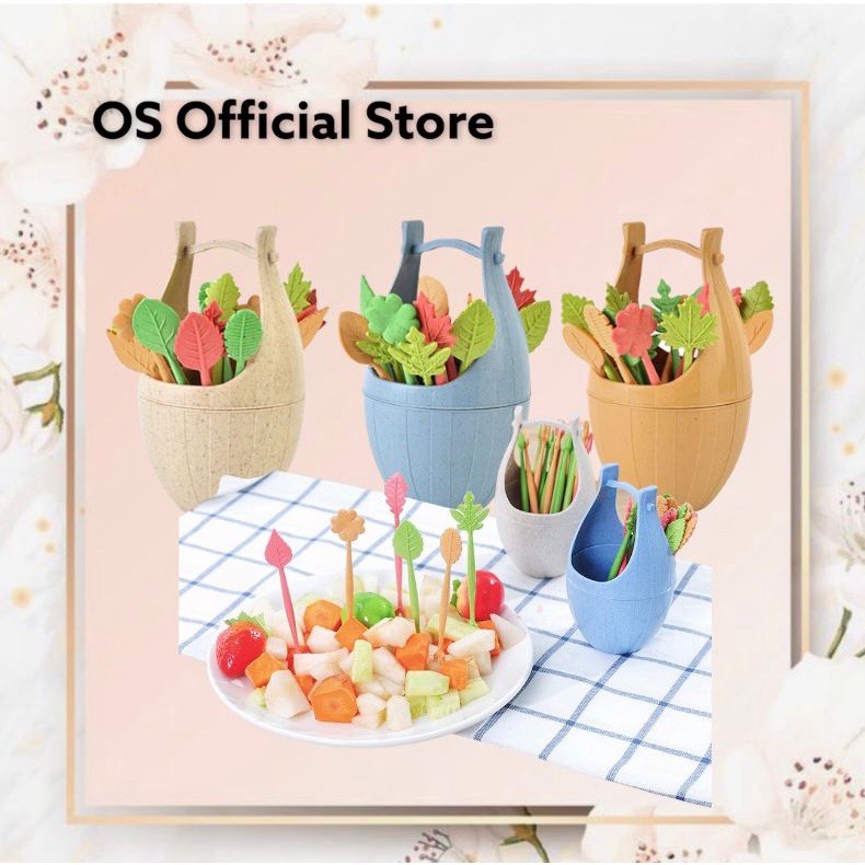 OS {1Set 16pcs} Set Garpu Buah / Kue / Dessert Bentuk Daun Untuk Dekorasi Rumah Gentong